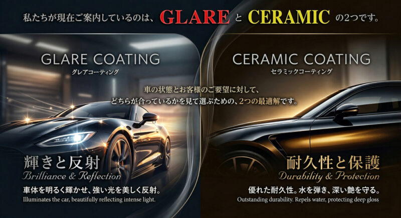 私たちが現在ご案内しているのは、GLARE COATING と CERAMIC COATING の2つです。 どちらが上という話ではなく、車の状態とお客様のご要望に対して、どちらが合っているかを見て選ぶための、2つの最適解です。というコーティングを比較した画像