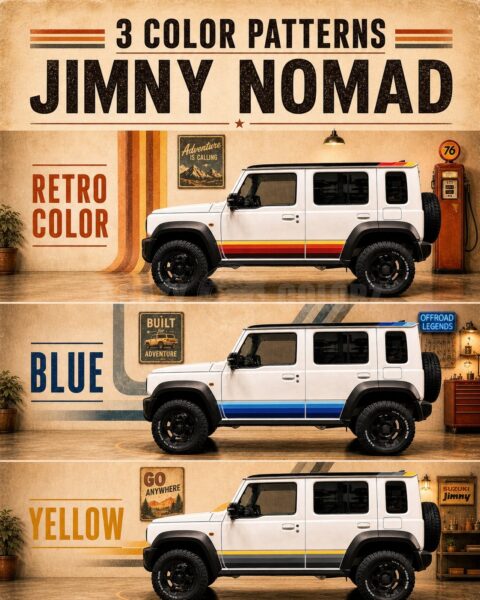 ジムニーノマド JC74W用レトロサイドストライプのRETRO・BLUE RETRO・YELLOW RETRO ACCENT比較イメージ