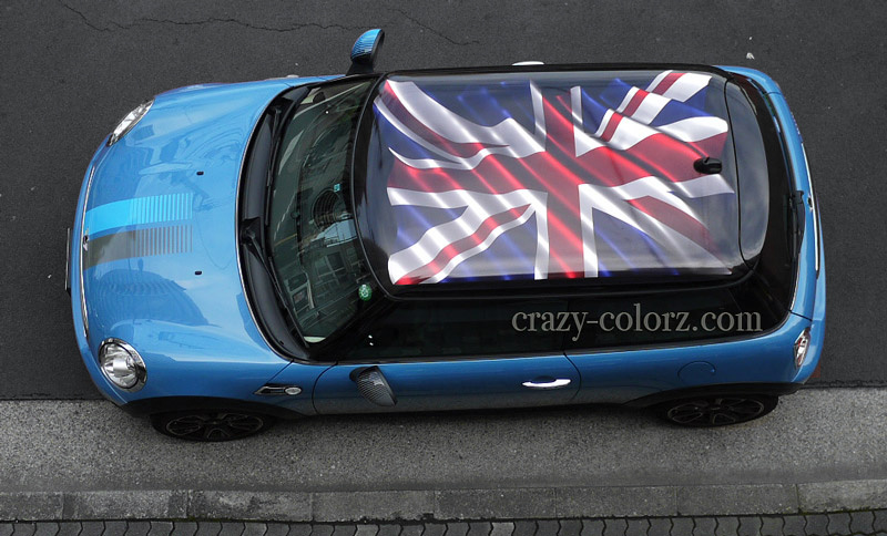 MINI COOPER S F56のルーフへ施工した3Dユニオンジャックと左右色違いのボンネットストライプ