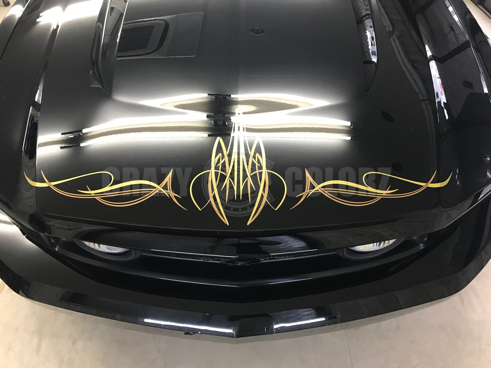 ボンネットへゴールド系2色のピンストライプを施工したマスタングGT