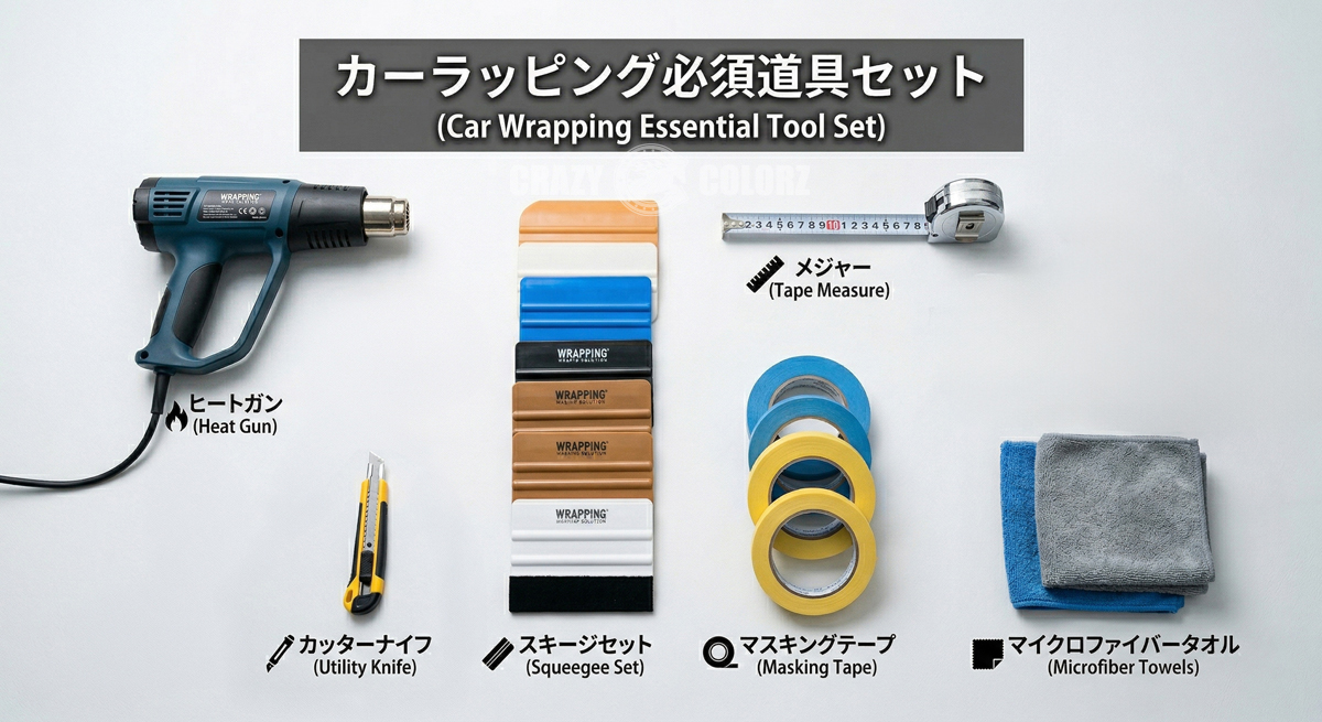 ドライ施工用の道具一式。スキージ、マスキングテープ、メジャー、タオル、ヒートガン、カッター
